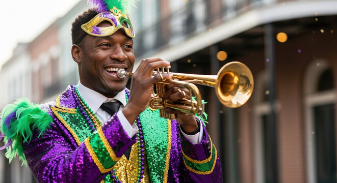 Cheerful man plays trumpet during Mardi Gras celebrations with mask and festive attire, capturing essence of Mardi Gras. Mardi Gras celebration with music, vibrant colours, - Powered by Adobe