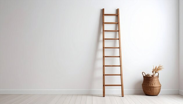 Minimalist interior with wooden ladder and woven basket of dried plants.
