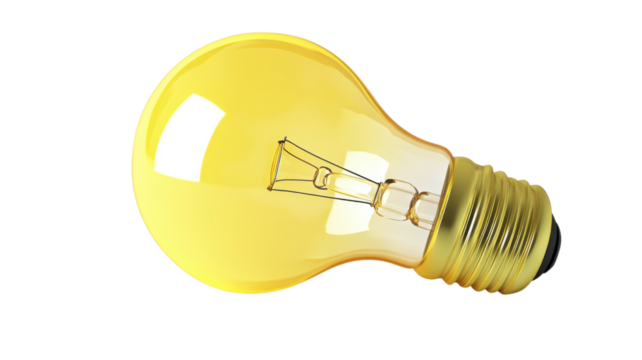Bright yellow light bulb glowing softly on a white background with clear details of its shape and design.