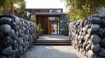 Modern Home Entrance Framed by Symmetrical Boulder Stone Walls and Gravel Path, Leading to Glass Door.