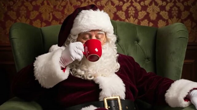 Figure in red suit drinking from mug, seated in armchair. Concept: Holiday season relaxation, anticipation, joy, tradition, seasonal refreshment, cheer