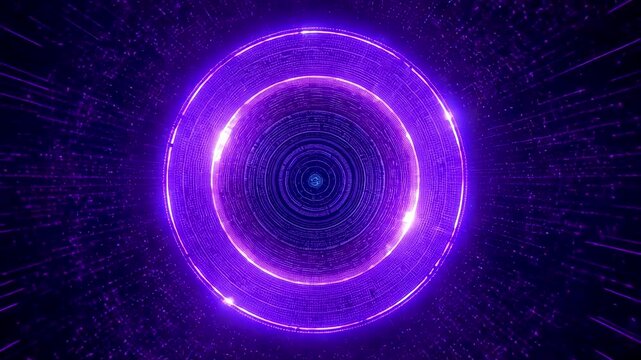 Glowing Purple Neon Circular Tunnel with Concentric Rings and Energy Particles in Dark Space