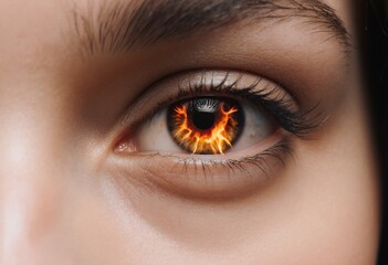 A close-up beautiful eye of a female person. burning glowing fire in the eye iris