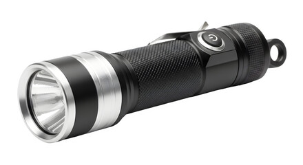 Durable black tactical flashlight with silver accents