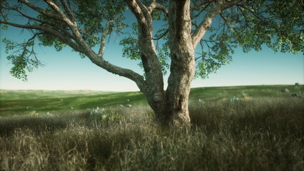 Fototapeta premium A majestic tree with sprawling branches rises above the golden grass of a peaceful field, bathed in soft sunlight. The blue sky stretches overhead, creating a tranquil scene.