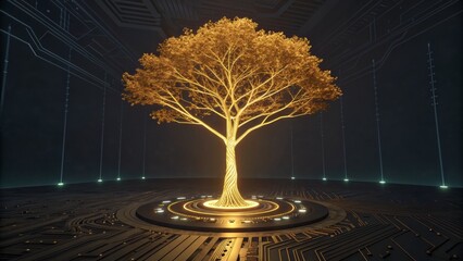 Golden tree of life glowing in a futuristic, hightech environment