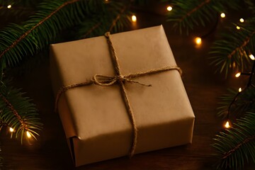 Rustic Christmas Gift Wrapped in Kraft Paper with Twine and Pine Branches