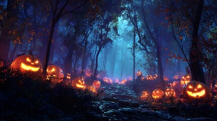 Haunted Forest Path Lined with Numerous Glowing Halloween Pumpkins jack-o'-lantern Photo