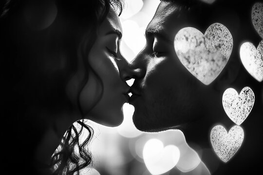 Abstract romantic couple kiss with hearts overlay for Valentine day celebration, generative ai - Powered by Adobe