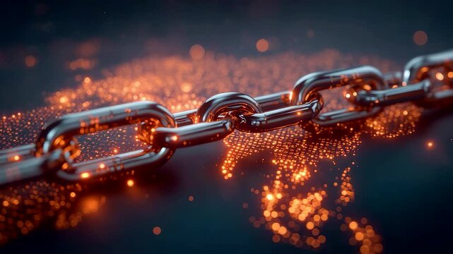 Strong Metallic Chain Links Glowing in Intense Orange Flames and Sparks on Dark Surface