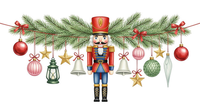 Watercolor illustration of a traditional nutcracker soldier centered in a festive christmas garland with hanging ornaments, bells, and stars, isolated on transparent background