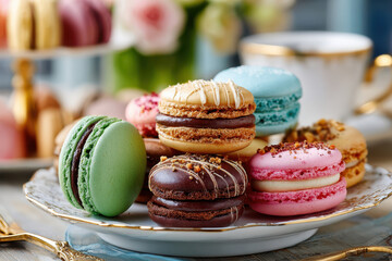 Colorful macarons on elegant plate, teacup and flowers