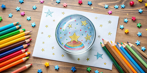 Colorful drawing activity with star-themed design and craft supplies on a wooden table