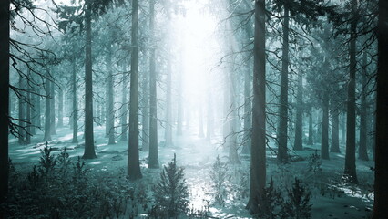 Snow blankets the ground in a quiet forest, tall trees stretching towards the sky. A soft, ethereal light filters through branches, creating a serene atmosphere filled with peace and wonder.