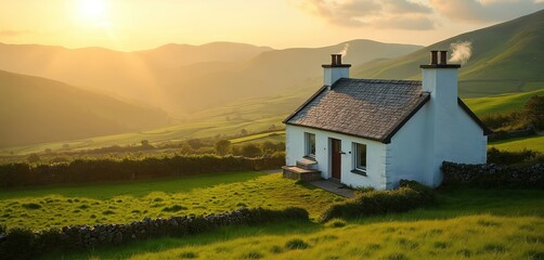Fototapeta premium Traditional white Irish cottage stands in vibrant green rural landscape. Gentle rolling hills, valleys glow under warm golden hour sunlight. Smoke drifts from chimney, showing cozy, peaceful country