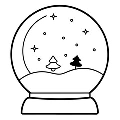 Winter Wonderland Snow Globe Illustration with Christmas Trees and Falling Snow Black and White