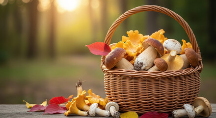 Mushroom picking scene featuring basket with chanterelles and porcini on wooden surface. Mushroom picking in forest on warm day includes autumn leaves for decoration.