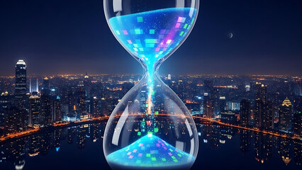 Hourglass with digital sand over a cityscape at night with a crescent moon in the dark blue sky