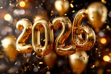 Golden foil balloons forming the number 2026, floating against a festive New Year background with sparkling lights