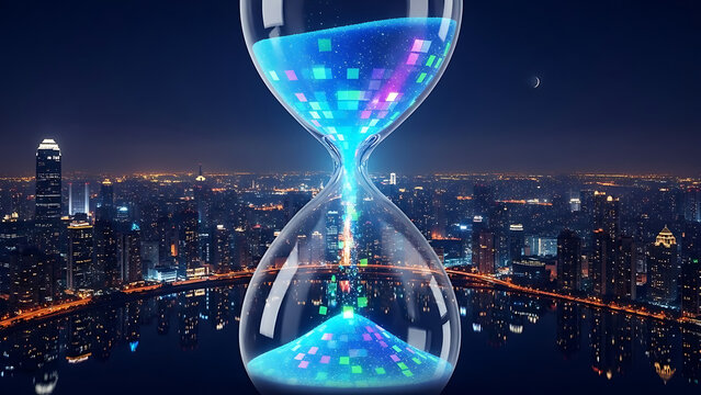 Hourglass with digital sand over a cityscape at night with a crescent moon in the dark blue sky