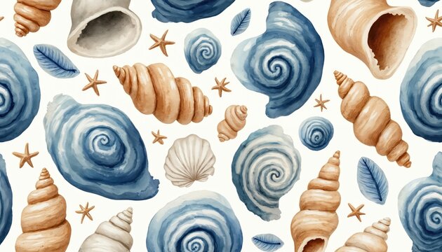 Watercolor illustration seamless pattern of diverse seashells, starfish. Blue, beige marine elements create tranquil ocean background. Artistic beach theme ideal for decor, textile design, packaging,