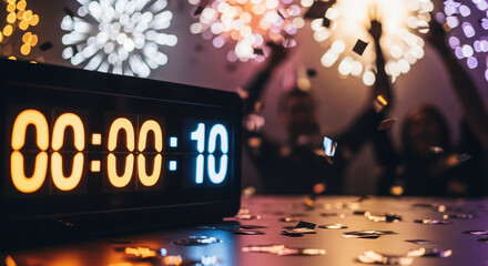 New Year's Eve celebration with an illuminated digital clock showing almost midnight, ready for New Year's Eve. Fireworks and confetti add excitement to New Year's Eve,