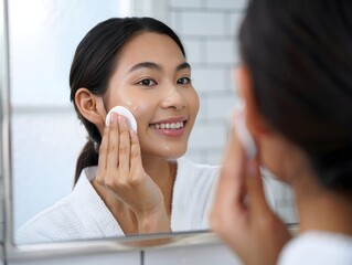 Smiling Woman Applying Skincare in Bathroom Mirror