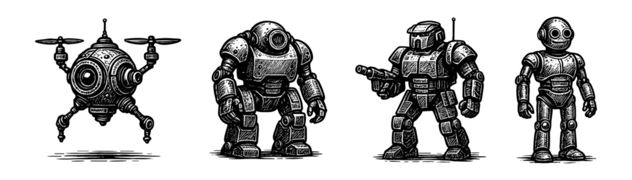 Combat robots vintage engraving icons set, drone mech android soldiers