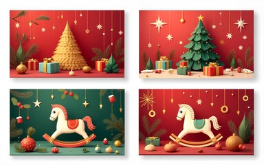 Set of holiday greeting card designs with red and gold Christmas design elements such as holly, Christmas tree balls, gift boxes, fir tree and rocking horse on abstract background, vector illustration