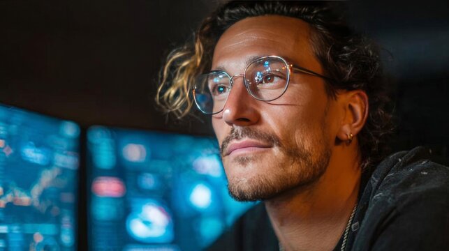 Young man developer coding on multiple monitors