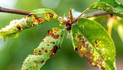 Close-up of diseased leaves on a branch, showcasing brown spots and damage, with a blurred green background
