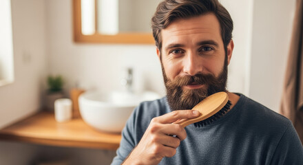 No shave November portrait, man brushing his beard in bathroom, a concept for facial hair care. No shave November signifies embracing natural growth during a month long challenge,