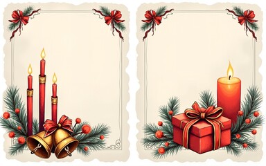 Christmas dinner invitation cards with hand drawn holiday candles, gift box, bells, ribbons. Festive mood, elegant vintage style. Vector sketch illustration. High quality