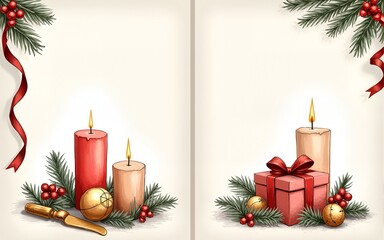 Christmas dinner invitation cards with hand drawn holiday candles, gift box, bells, ribbons. Festive mood, elegant vintage style. Vector sketch illustration. High quality