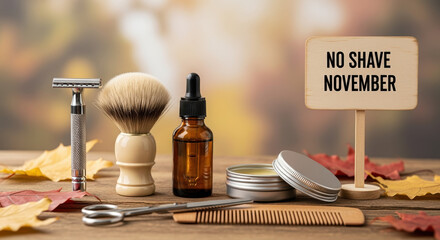 Celebrating No Shave November with grooming accessories arranged on rustic wooden surface. No Shave November concept features shaving brush, razor, hair oil and comb.