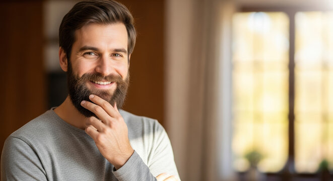 No Shave November portrait of smiling bearded man indoors with warm sunlight, showcasing his facial hair. No Shave November celebration with grown beard for awareness. - Powered by Adobe
