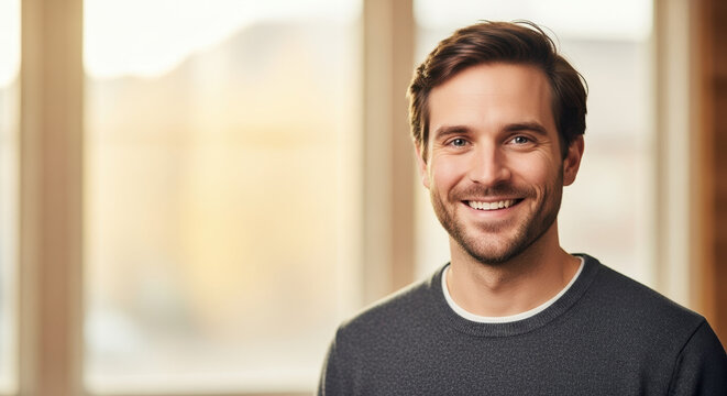 Portrait of man participating in No Shave November and showing off his facial hair. He shows off No Shave November beard, standing indoors by window and smiling. Consider No Shave November,