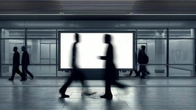 Blurred silhouettes of business people walking past illuminated advertising display inside modern transit corridor showing fast paced urban lifestyle