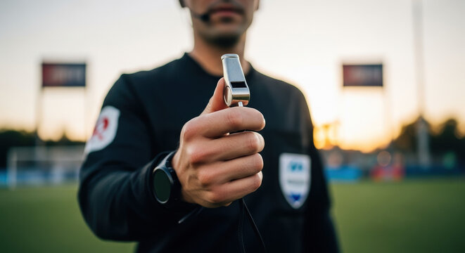 NWSL Playoff Race context showcasing referee holding whistle during soccer match, adding intensity to the scene. NWSL Playoff Race action during soccer championship, - Powered by Adobe