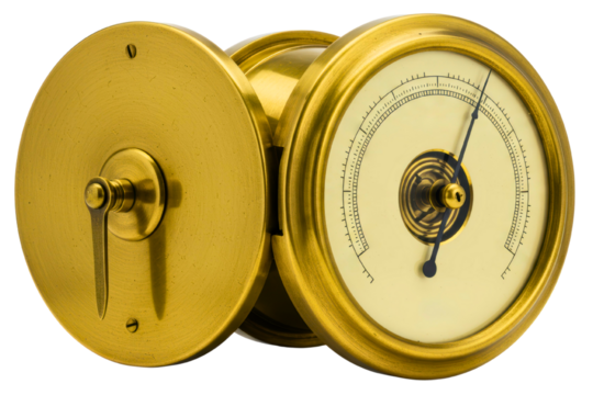 Polished brass marine barometer with analog weather dial isolated with transparent background isolated on a transparent background