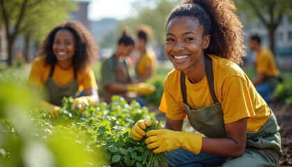 Smiling woman gardens with team. Black female volunteers plant together. They wear aprons, gloves. Teamwork, earth day concept. Eco lifestyle, organic garden job. Urban agriculture is trending.