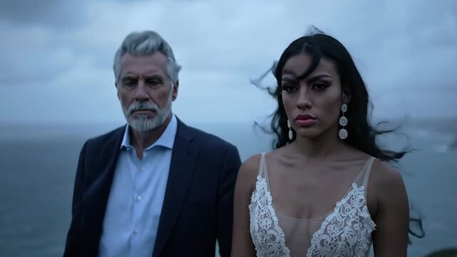 Two people, senior man and woman in dress standing on cliff overlooking ocean, wind blown hair, moody, overcast day, scenic landscape, relationship.