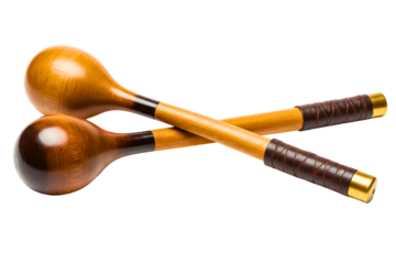 Pair of wooden maracas with leather-wrapped handles isolated with transparent background isolated on a transparent background