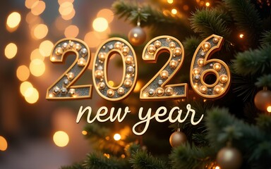 2026 New Year festive banner. Handwritten holiday greetings Happy New Year. Christmas tree and gold ribbon. Bright blurred bokeh lights. Vector illustration. High quality
