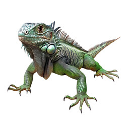 Obraz premium Realistic green iguana lizard cutout PNG, detailed reptile wildlife illustration with isolated white background