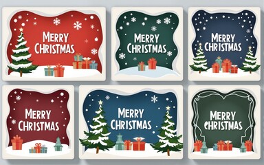 Merry Christmas and Happy New Year Set of backgrounds, greeting cards, posters, holiday covers. Xmas templates with typography and season wishes in modern geometric style for web, social media, print.