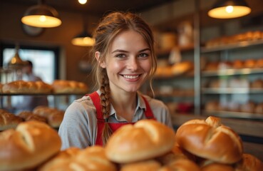 Friendly young woman smiles, wearing apron in charming bakery shop. Stands proudly near fresh, golden bread rolls. Female baker saleslady works in small business, offering delicious food. Freshly