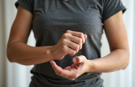 Woman massages hands to relieve pain, stiffness. Uses gentle pressure on fingers, palms for self care. Technique promotes circulation, reduces discomfort. Aids in recovery, relaxation.