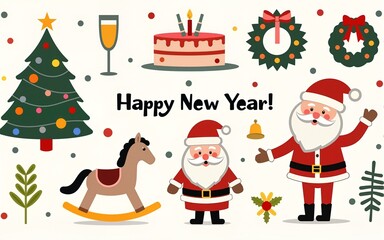 Merry Christmas and Happy New Year. Cute vector illustrations of Christmas tree decorations, cake, champagne glass, rocking horse, wreath, flower, bell and Santa Claus for greeting card and icons.