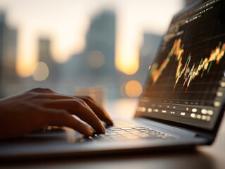 Person trading stock market on laptop at sunset